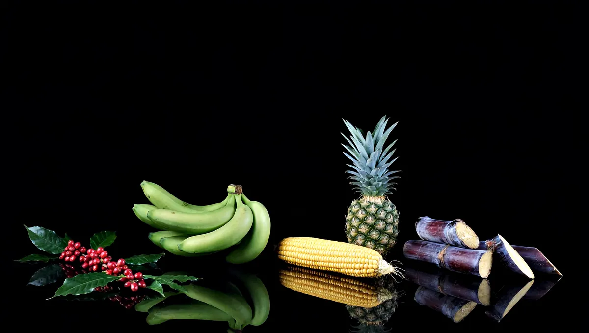 The farm's five crops on a black reflective surface: a sprig of red Robusta coffee cherries, a hand of green matooke, a husked cob of sweet maize, a Smooth Cayenne pineapple and cut lengths of purple sugarcane