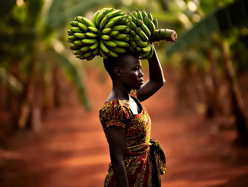 A Ugandan woman in a gomesi carrying a freshly cut bunch of matooke balanced on her head along a red-earth path at golden hour