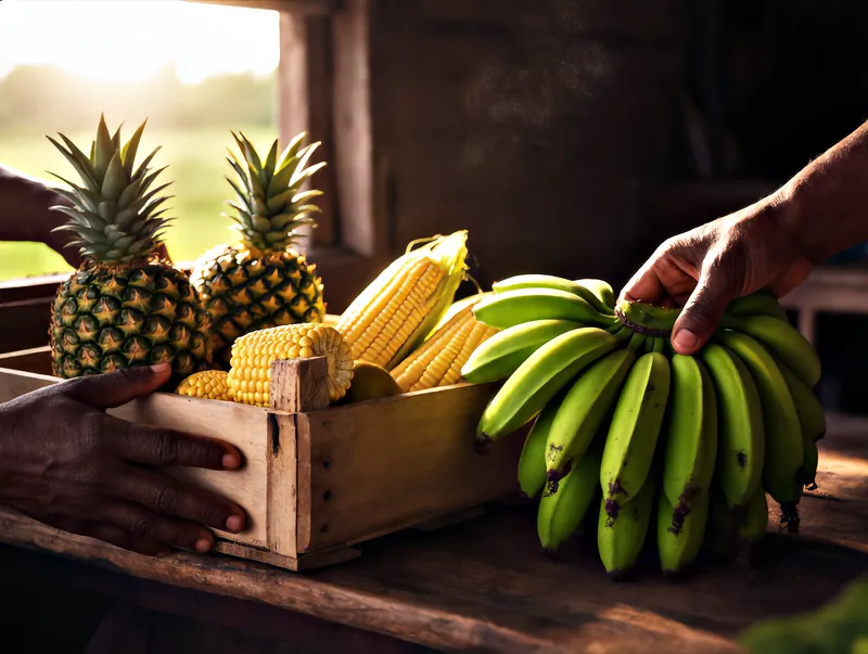 Farm workers packing pineapples, sweet maize and green matooke into a timber crate in the open-sided packing shed